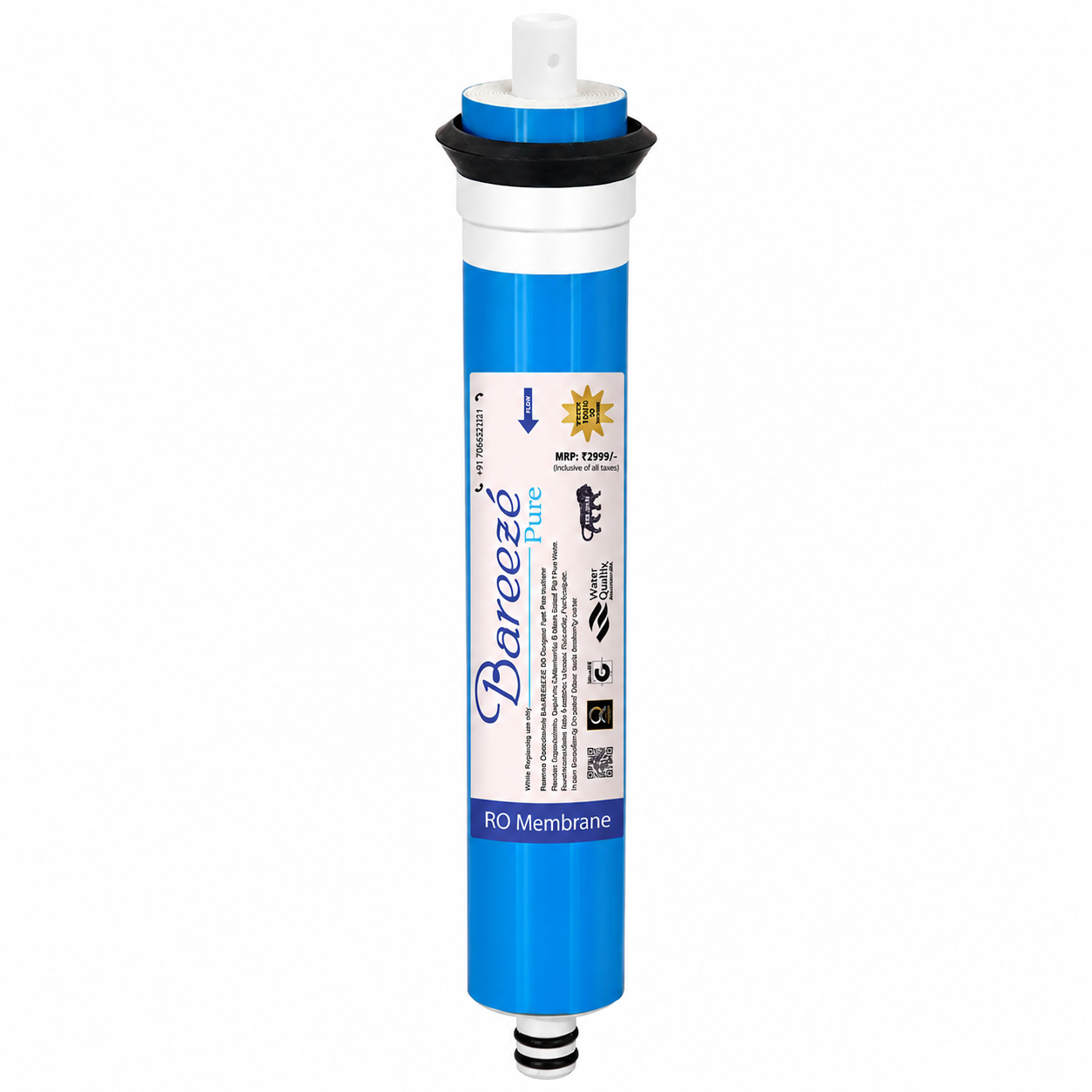 Bareeze Pure High Flow 100 GPD RO Membrane Dolphin Type – Universal Fit for All Water Purifiers | Works Up to 2000 TDS
