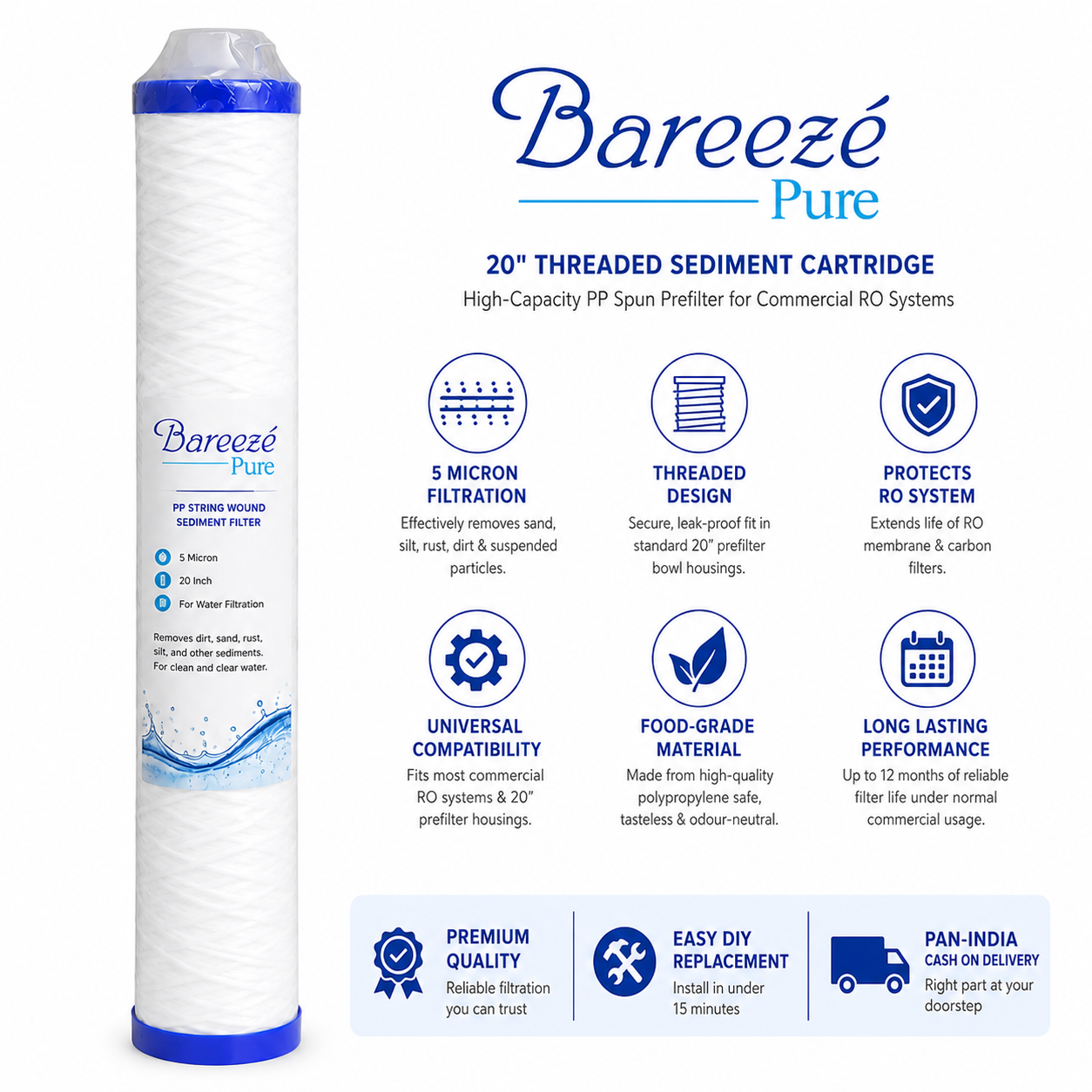 Bareeze Pure Service Filter Kit for Aquaguard Pro 600 UV Commercial Water Purifier 2OINCH Threaded 2-Carbon Block, 2- Prefilter Cartridge
