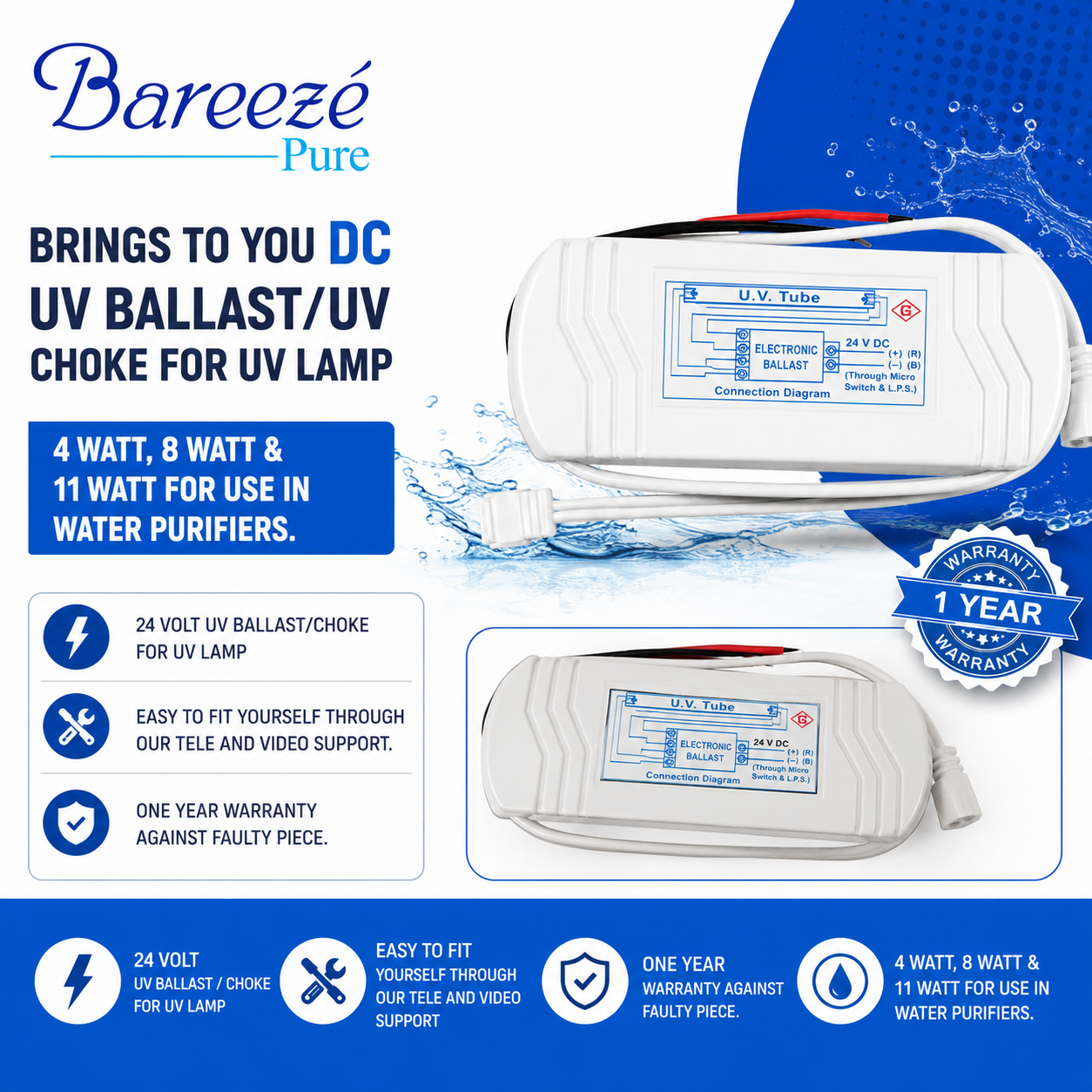 Bareeze Pure 24V DC UV Ballast Choke Compatible with 4W, 8W & 11W UV Lamps Electrical UV Choke