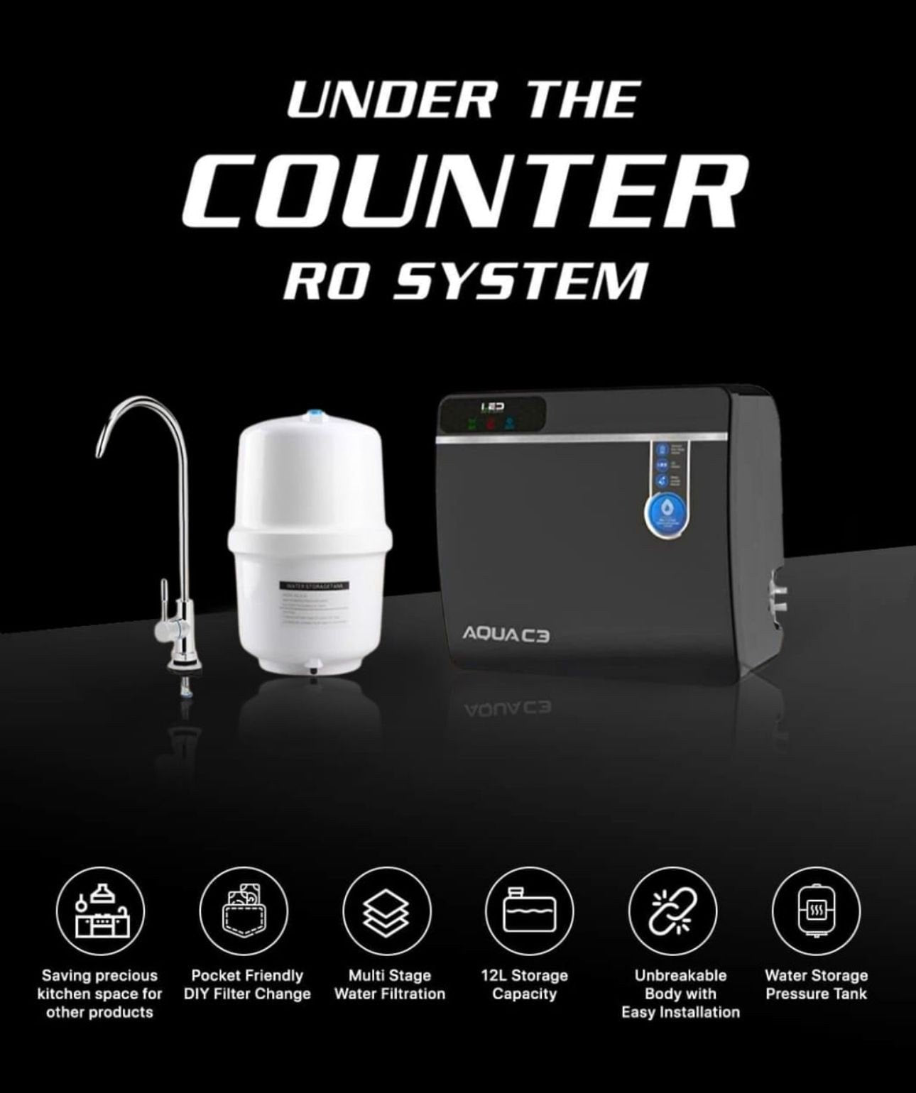 Aqua C3 Under Sink RO+UV+MTDS Water Purifier (10L) – Premium Metallic Black