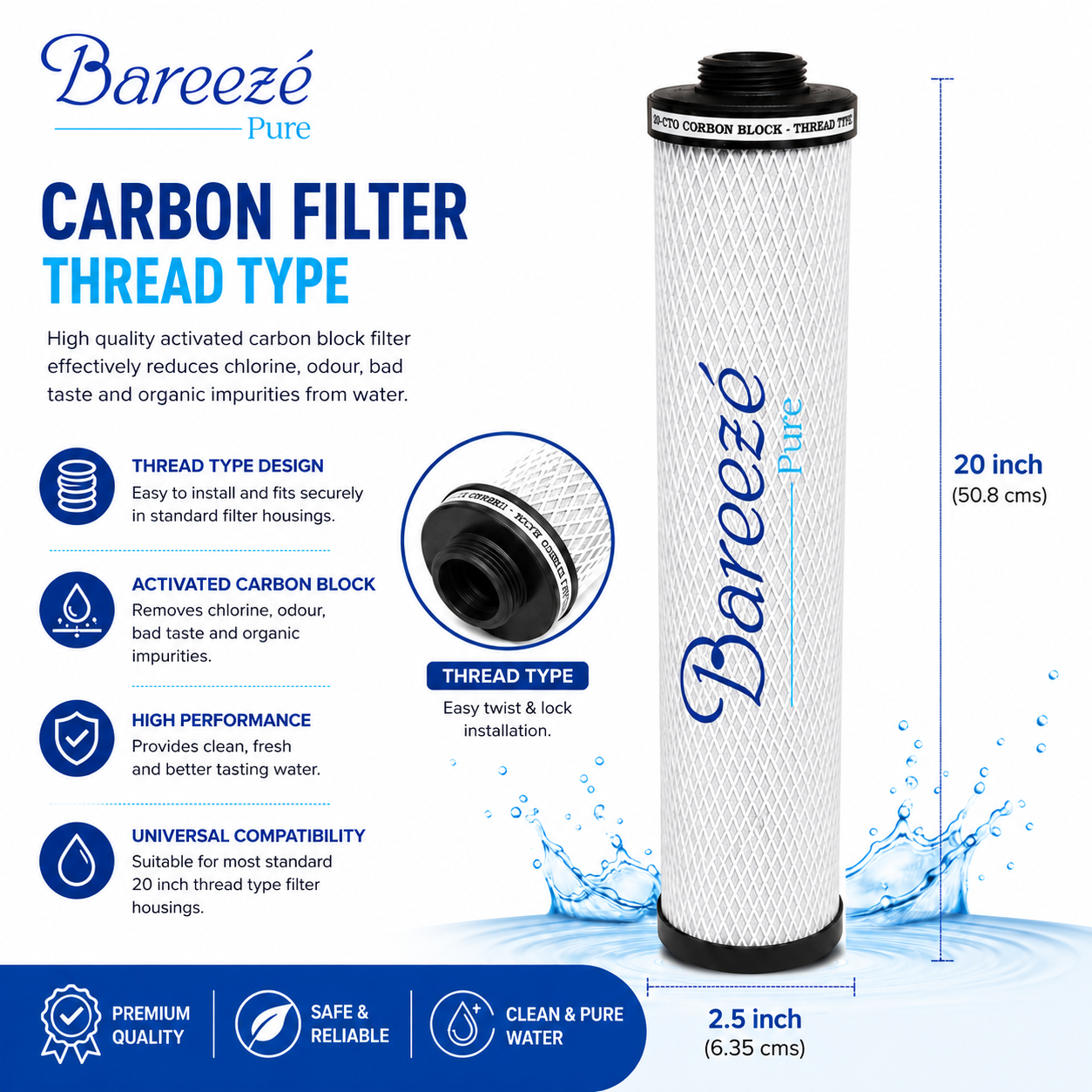 Bareeze Pure Service Filter Kit for Aquaguard Pro 600 UV Commercial Water Purifier 2OINCH Threaded 2-Carbon Block, 2- Prefilter Cartridge