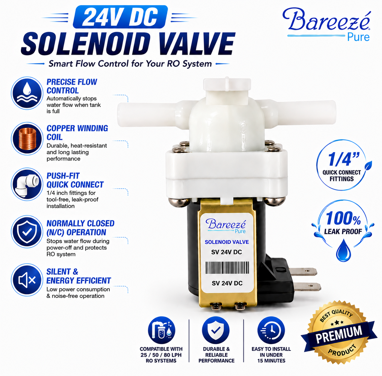 Bareeze Pure 24V DC Solenoid Valve for RO Water Purifier Compatible with Kent, Aquaguard, Livpure, Pureit, Havells, Whirlpool & AO Smith