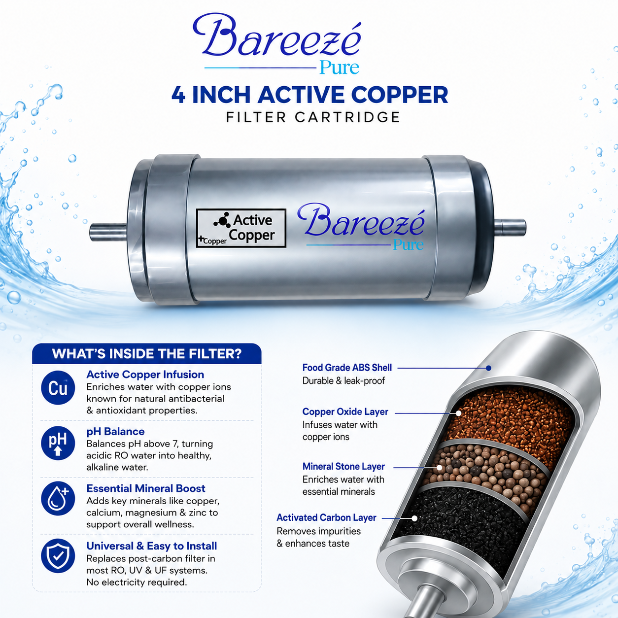 Bareeze Pure 4 Inch Active Copper Filter Cartridge For All Universal Water Purifier RO UV UF Copper Filter Cartridge