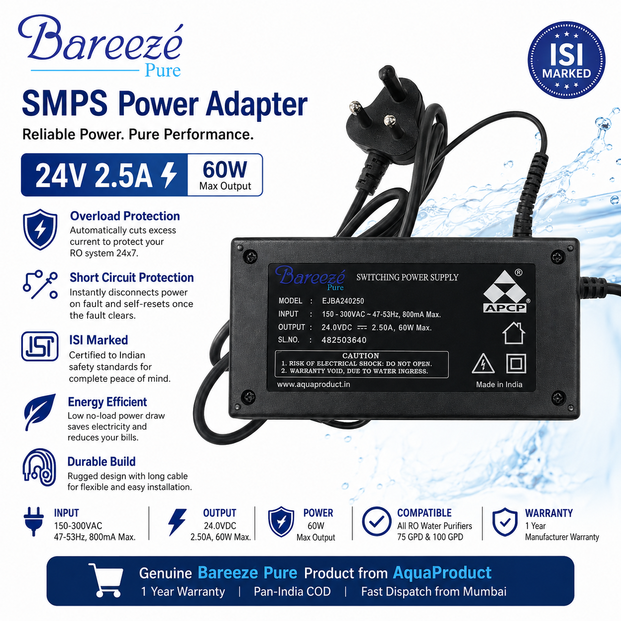 RO SMPS Power Adapter 220 V AC to 24 Volt DC 2.5 Amp for All Types of RO Water Purifier