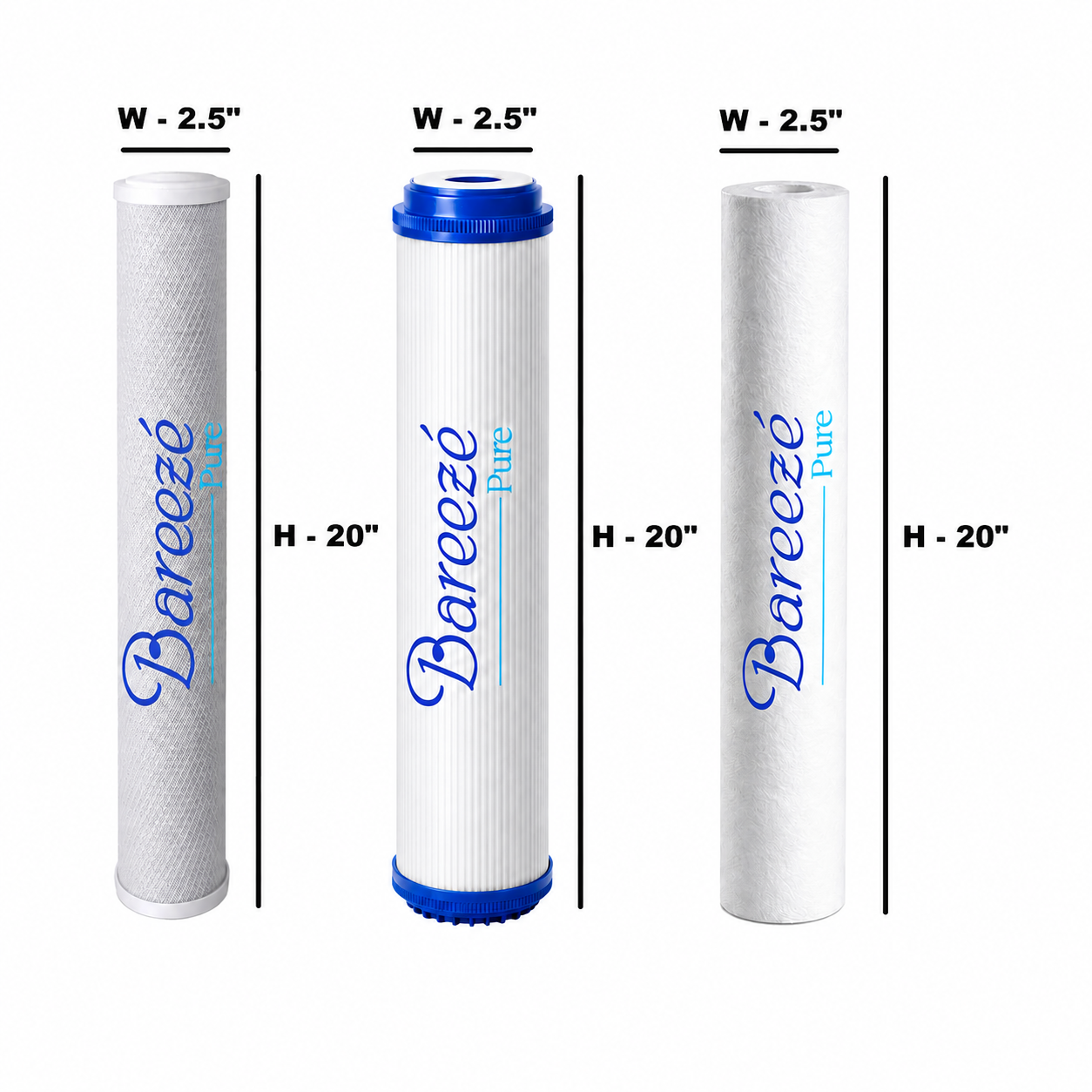Bareeze Pure 20 Inch Filter Set (PP Spun, Granular Activated Carbon Gac, Carbon Block Cto) Ro and Water Purifiers Up to 50 Lph and 100LPH Filter Kit