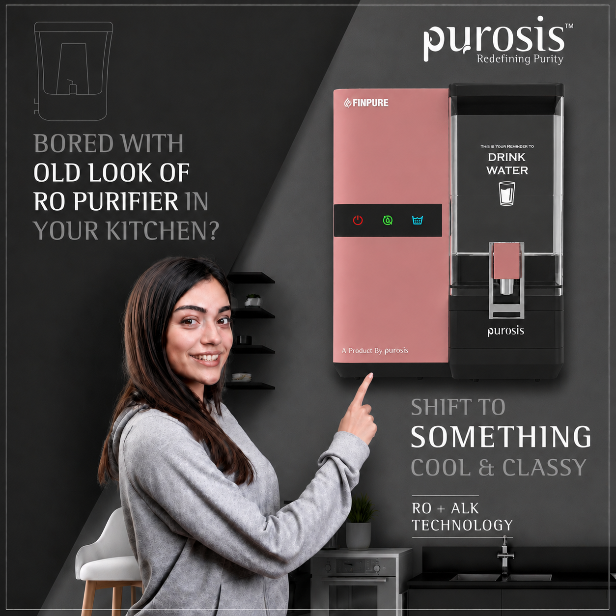 Finpure 9 Ltr RO+Alkaline+TDS Water Purifier Premium Metallic Puro Pink – buy online India | AquaProduct.in
