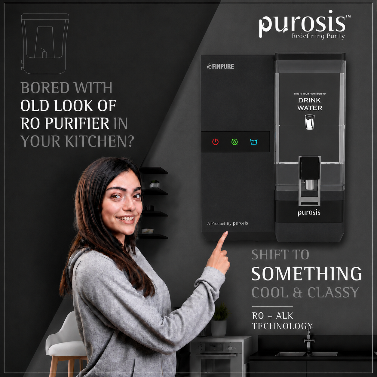 Finpure 9 Ltr RO+Alkaline+TDS Water Purifier Premium Metallic Black – buy online India | AquaProduct.in