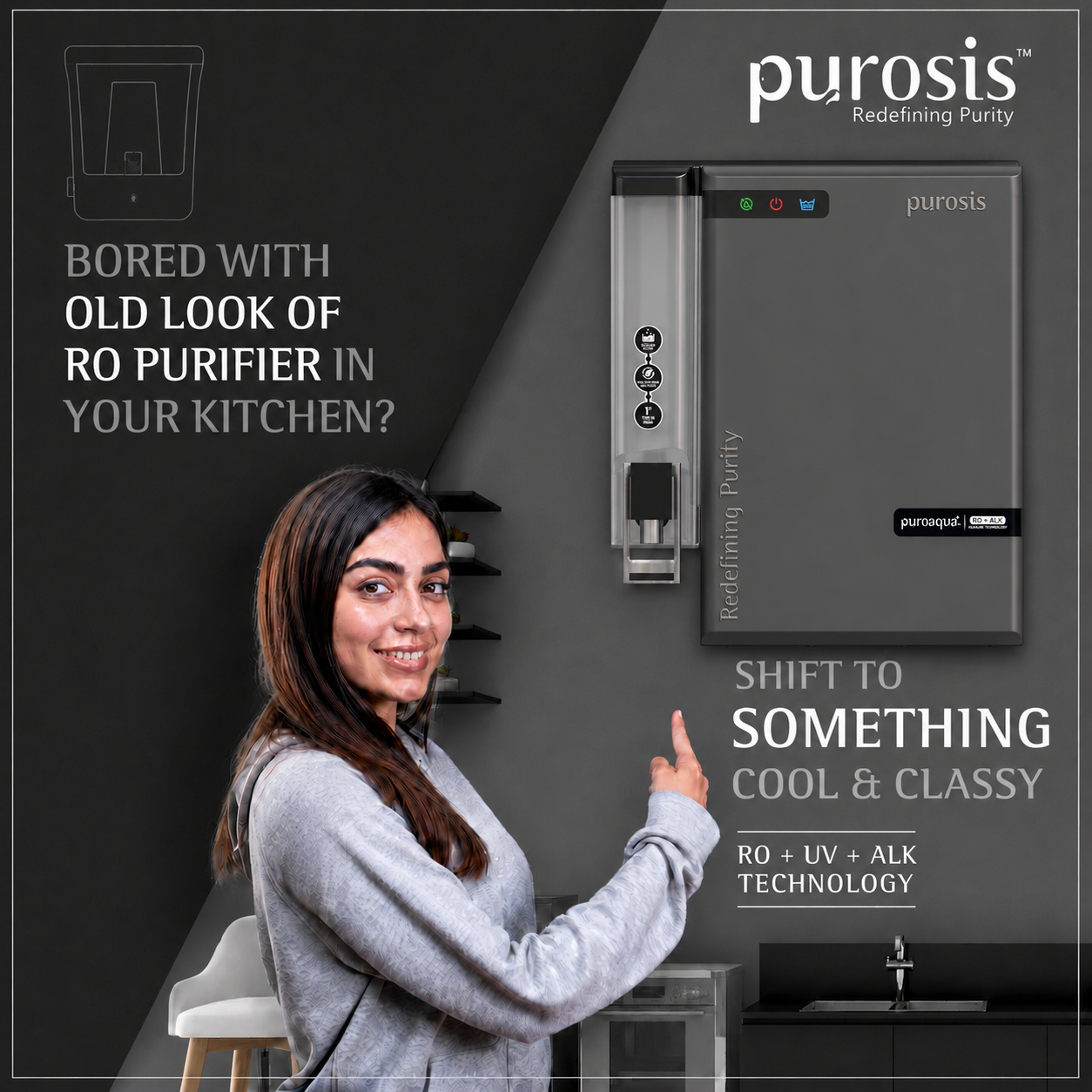 Purosis Puroaqua Plus RO+UV+TDS+Alkaline Water Purifier 14 Ltr Premium Metallic Matt Grey Puroaqua Plus Water Purifier – b...