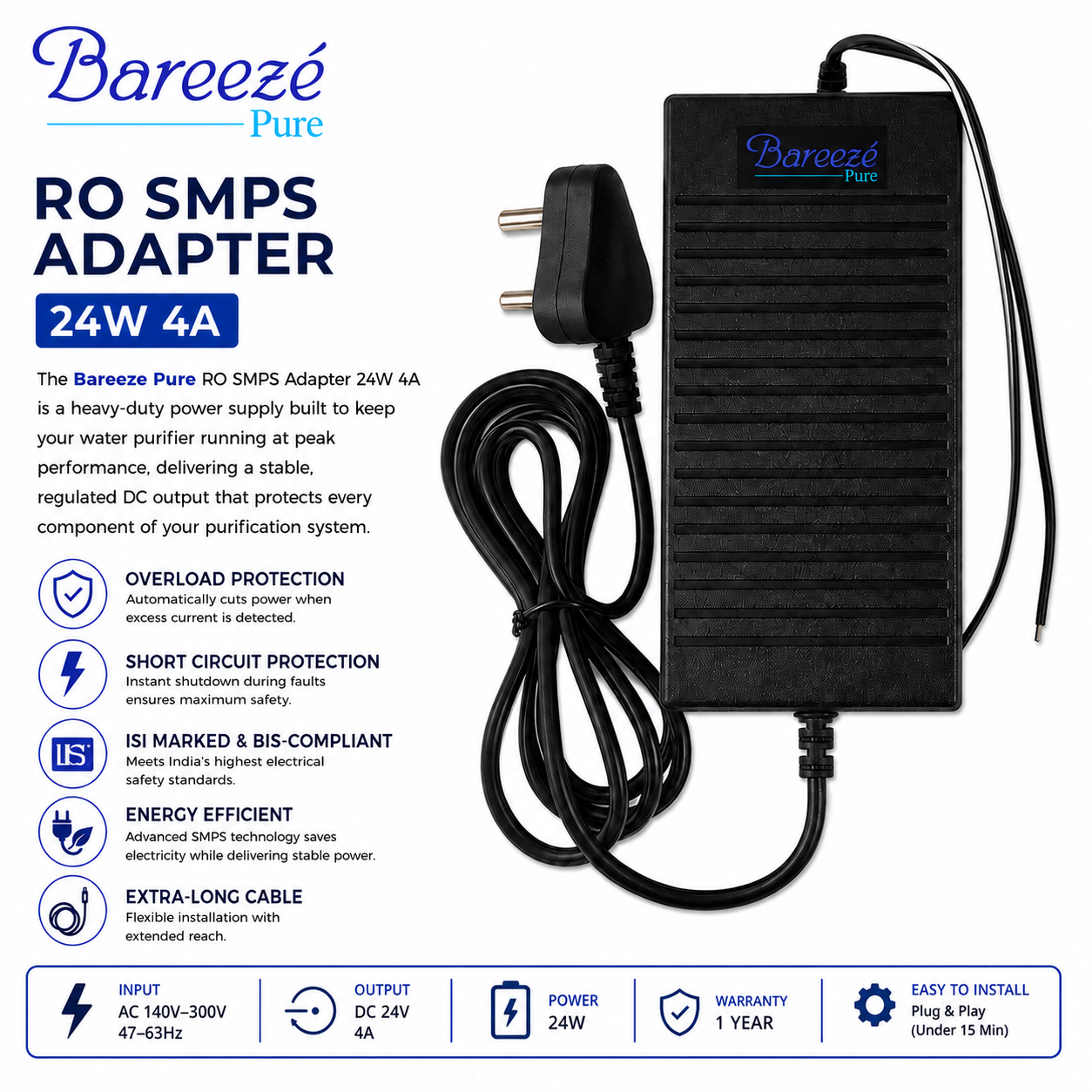 Bareeze Pure RO SMPS 24W 4A Adapter Heavy Duty For All Commercial And Domestic Water Purifier