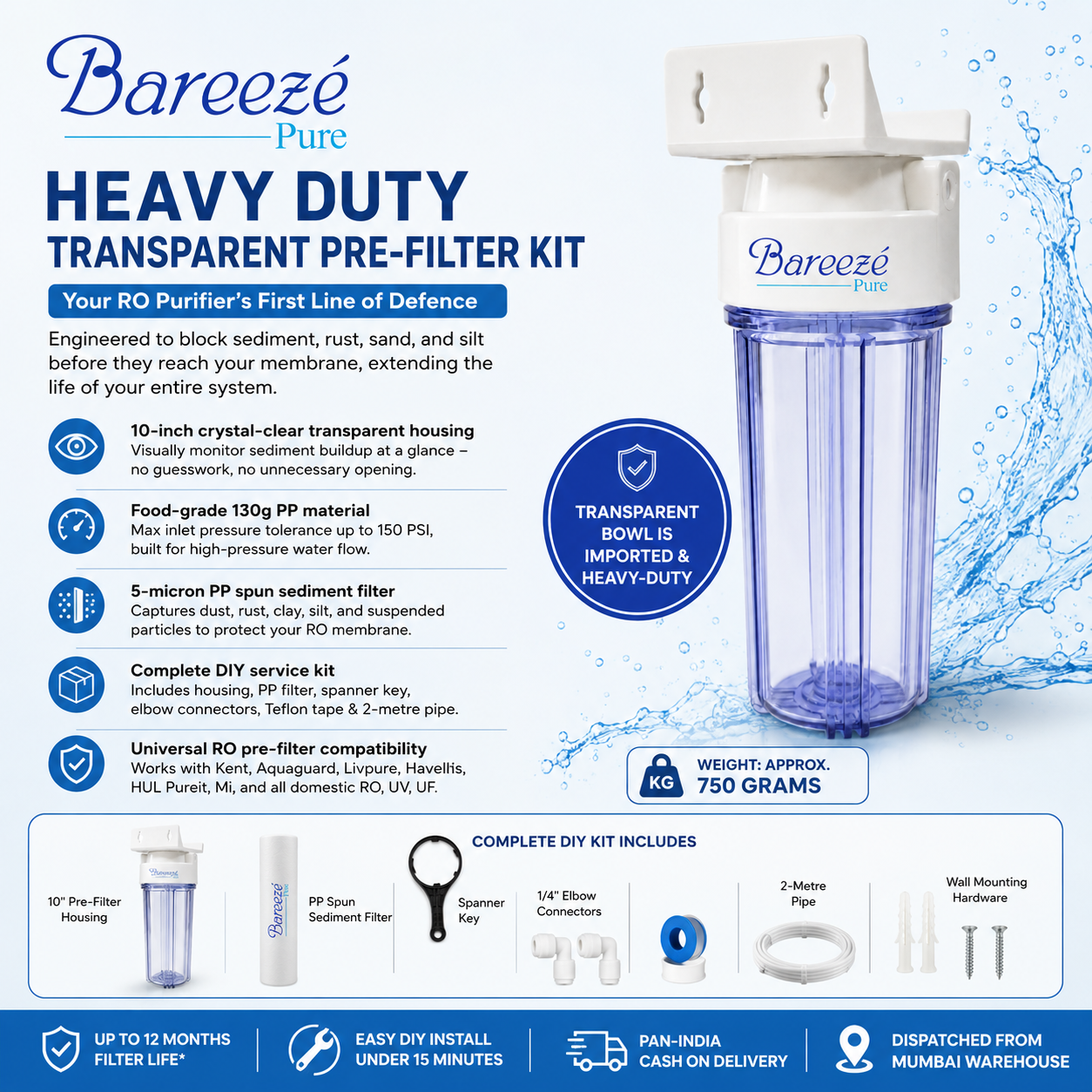 Bareeze Pure Heavy Duty Transparent Pre Filter Kit for All RO Water Purifier Transparent Pre Filter Bowl Set With 2 PP Spun Candle