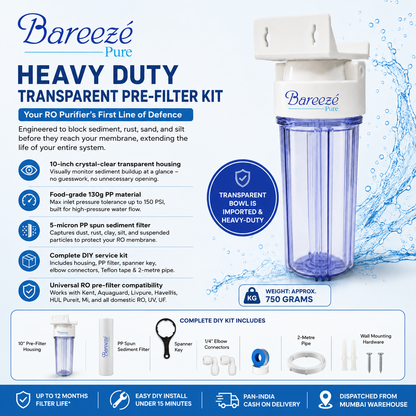 Bareeze Pure Heavy Duty Transparent Pre Filter Kit for All RO Water Purifier Transparent Pre Filter Bowl Set With 2 PP Spun Candle