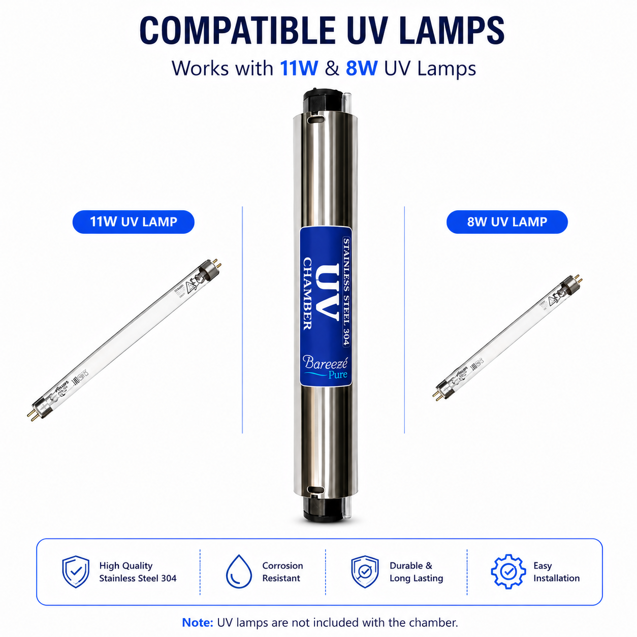 Bareeze Pure Stainless Steel UV Chamber with Elbows for RO Water Purifier Compatible with 8W UV lamp and 11 UV lamp. SS UV Barrel