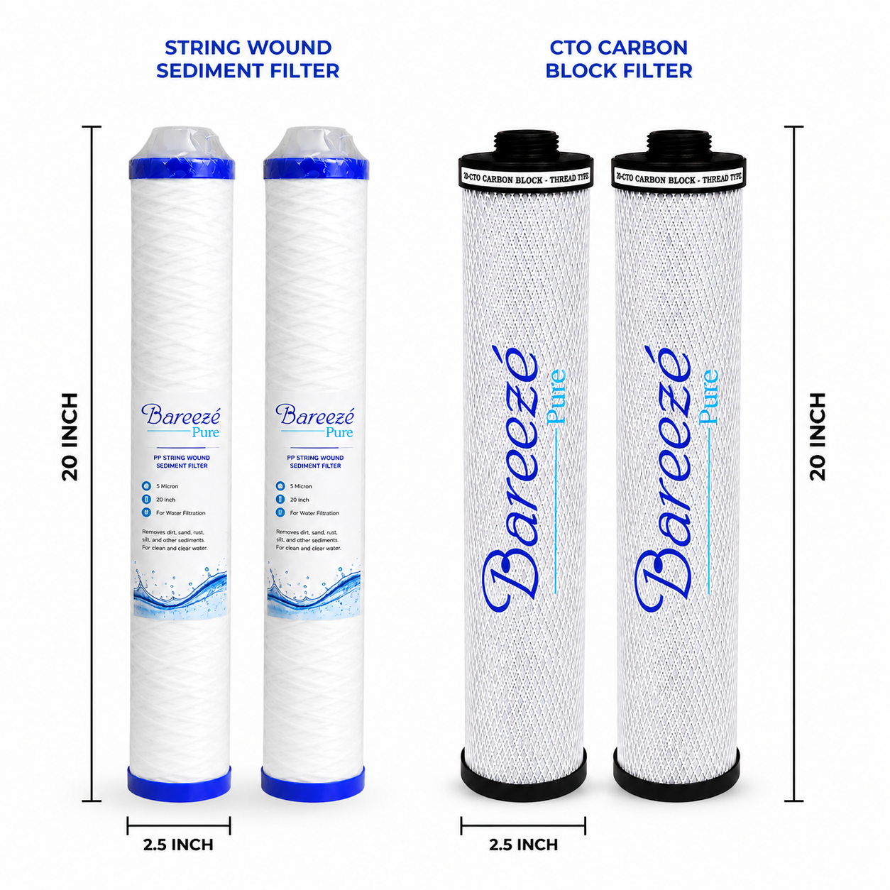 Bareeze Pure Service Filter Kit for Aquaguard Pro 600 UV Commercial Water Purifier 2OINCH Threaded 2-Carbon Block, 2- Prefilter Cartridge