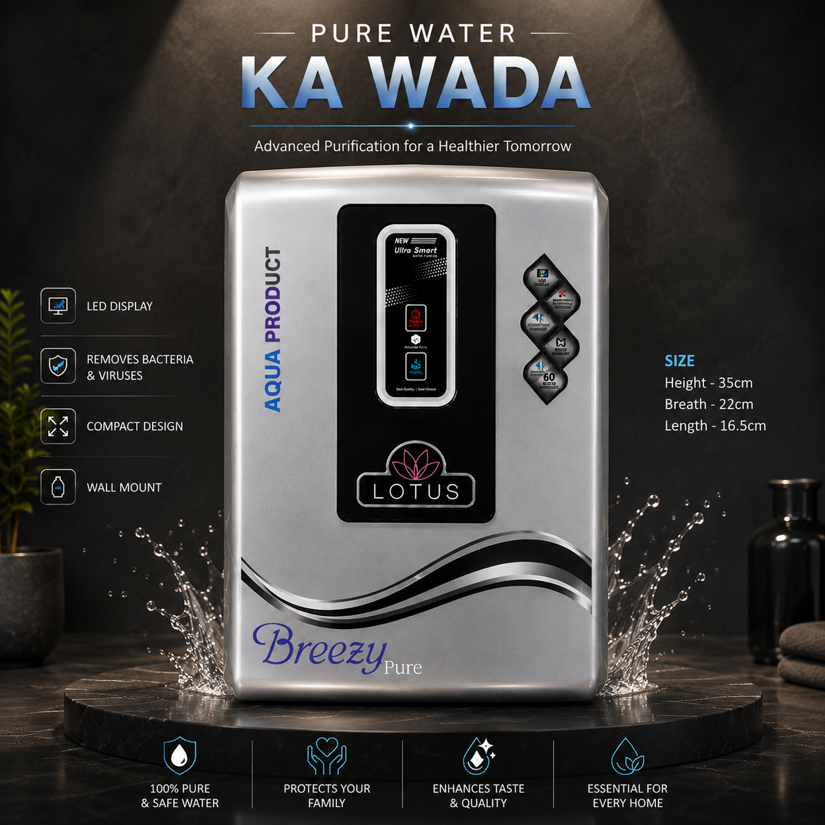 Aqua Product Lotus Water Purifier UV+Active Copper Premium Metallic Silver Suitable For Corporation Water Works upto 200tds Non-Storage Water Purifier