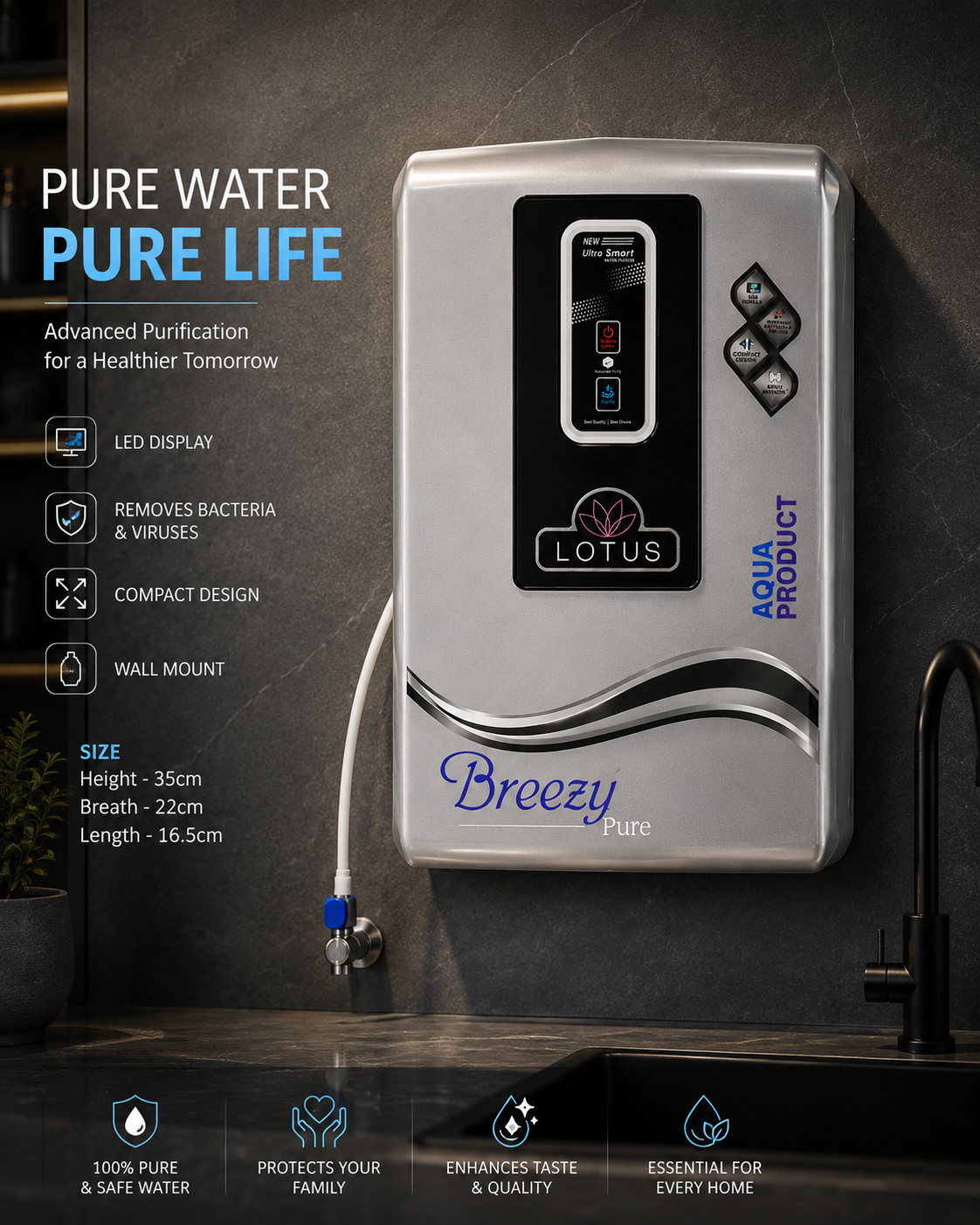 Aqua Product Lotus Water Purifier UV+Active Copper Premium Metallic Silver Suitable For Corporation Water Works upto 200tds Non-Storage Water Purifier