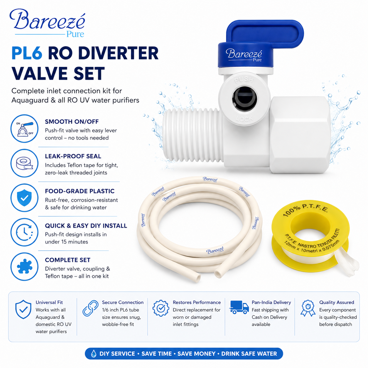 RO Connector Plastic Inlet Valve Set 1/6 Inch (PL6) RO Diverter Valve Set with Teflon Tape Suitable for Aquaguard Water Purifier