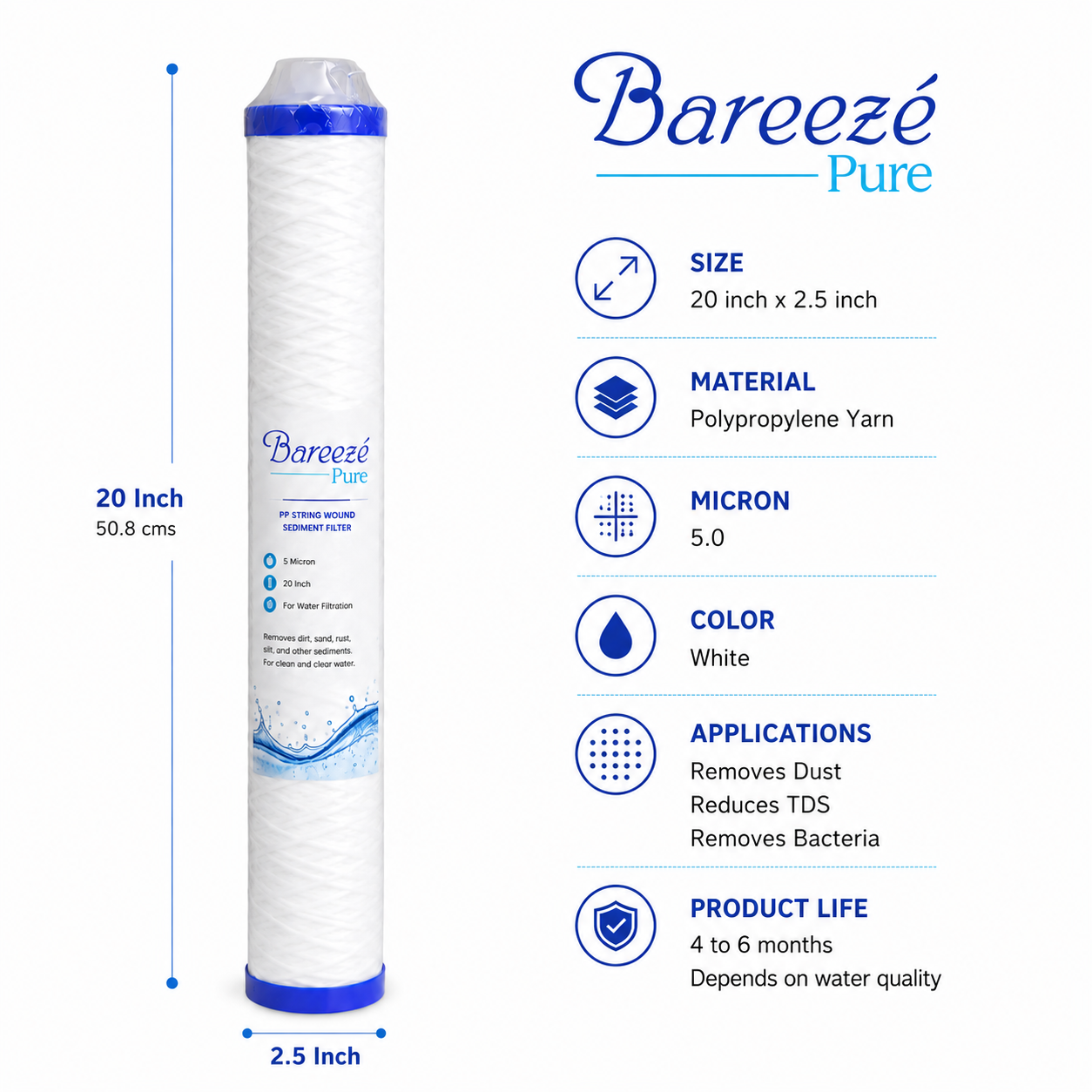 Bareeze Pure 20 Inch Threaded Sediment Prefilter Cartridge For Commercial Water Purifier