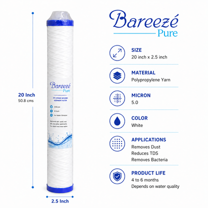 Bareeze Pure 20 Inch Threaded Sediment Prefilter Cartridge For Commercial Water Purifier