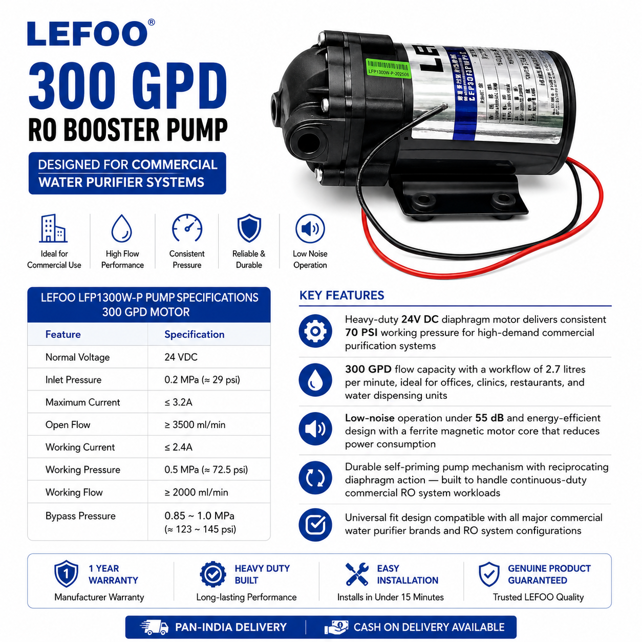 LEFOO Booster Pump Motor 300 GPD Commercial Water Purifier Pump Heavy Duty Diaphragm Motor, Input 24V DC, 1 Year Warranty, Suitable for All Commercial Water Purifiers