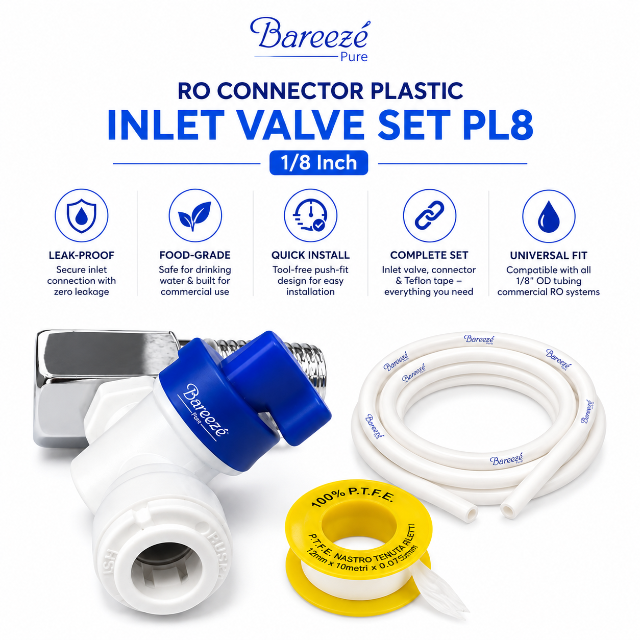 RO Connector Plastic Inlet Valve Set 1/8 Inch (PL8) RO Diverter Valve Set with Teflon Tape Suitable for Commercial Water Purifier