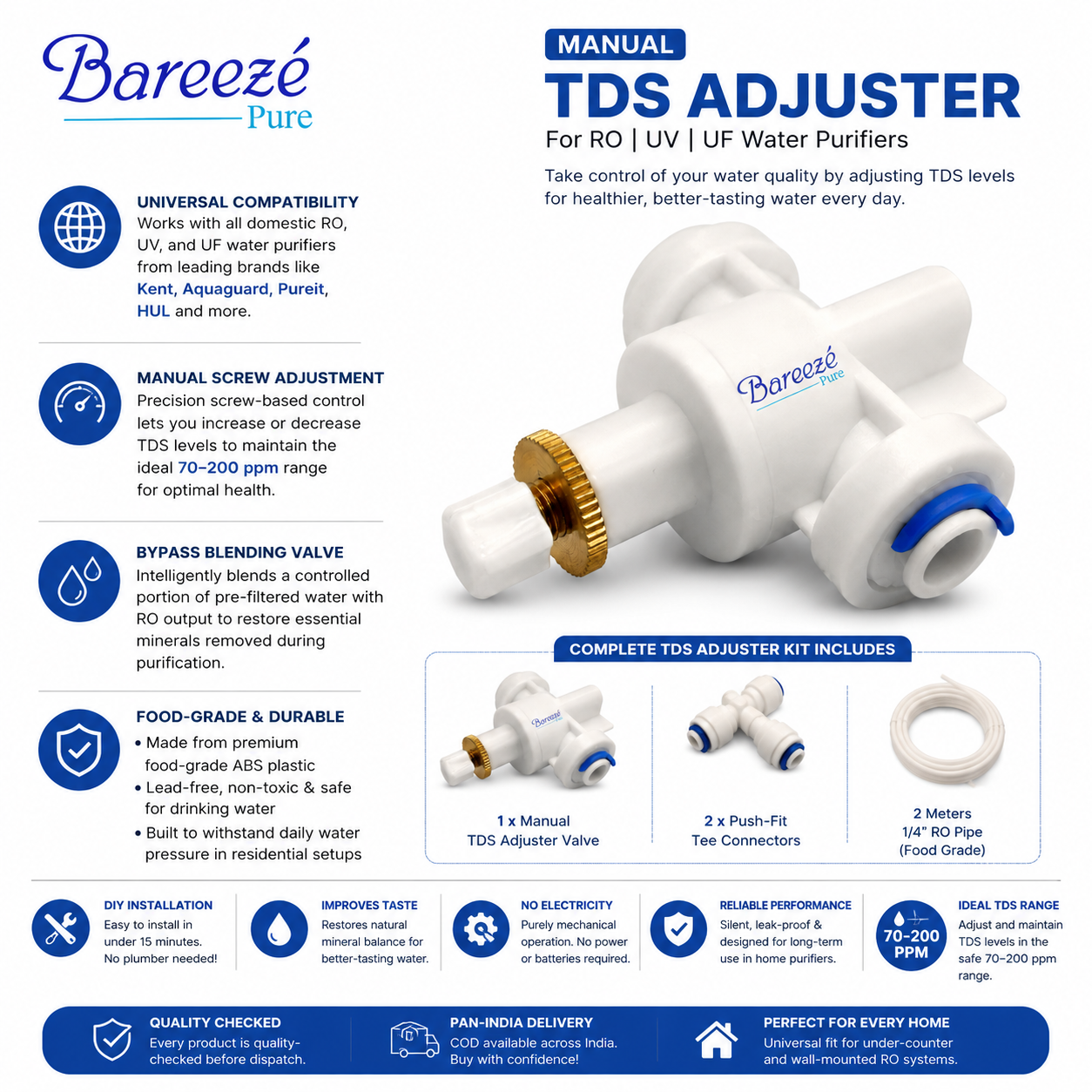 Bareeze Pure Manual TDS Adjuster for RO UV UF Water Purifier With Tee Connectors, 2 Meter Pipe
