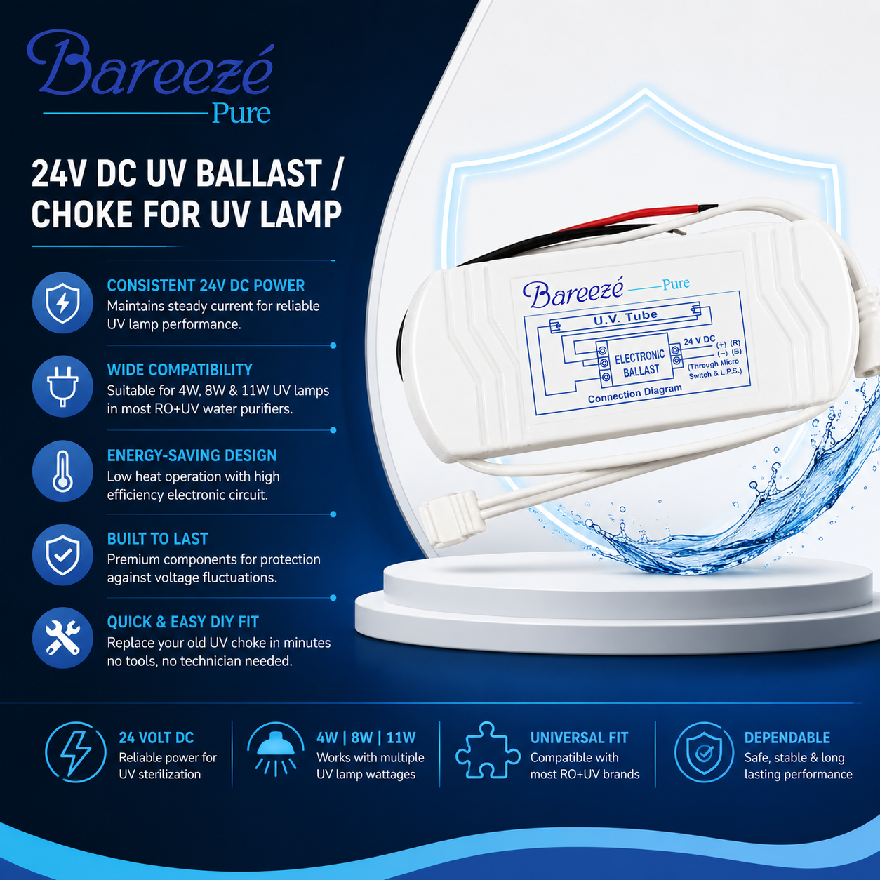 Bareeze Pure 24V DC UV Ballast Choke Compatible with 4W, 8W & 11W UV Lamps Electrical UV Choke